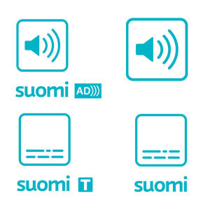 Kokoelma symboleista Ylen ohjelmissa ja verkkosivuilla. Ylärivissä tekstityksen, kuvailutulkkauksen sekä ääni- ja kielivaihtoehtojen symbolit. Alhaalla dolby 5.1 -äänen, suomenkielisen ohjelmatekstityksen ja suomeksi käännetyn tekstityksen symbolit.
