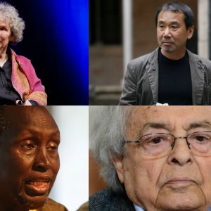 Bildcollage på Margaret Atwood, Ngugi Wa Thiong'o, Haruki Murakami och Adonis