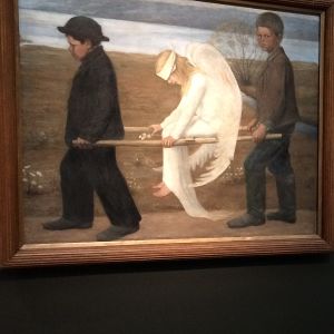 Barn som tittar på Den sårade ängeln av Hugo Simberg