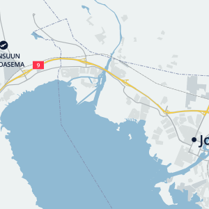 Kartta jossa näkyy Joensuu ja valtatie 9.