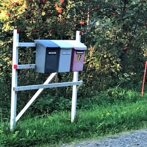 Postilaaatikkorivistö sivutien pientareella maaseudulla.