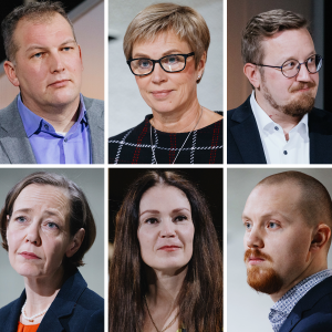 Bildcollage med bilder på kandidater från nio olika partier som deltar i Svenska Yles valdebatt 17 januari.