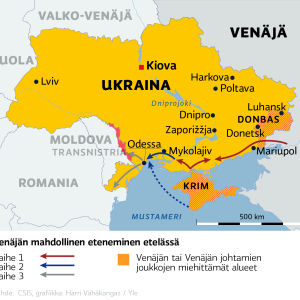 Kartalla Venäjän mahdollinen eteneminen Ukrainan eteläosassa.