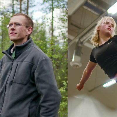Luontokuvaaja Ville Heikkinen metsässä, cheerleader Loviisa Jännes treeneissä