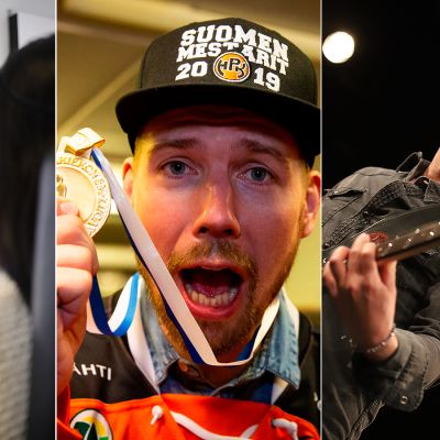 Kolmen kuvan yhdistelmä: vasemmalla meikkaaja, keskellä jääkiekkoilija, oikealla kitaristi
