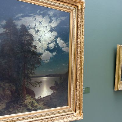 Kaksi Hjalmar Munsterhjelmin kuutamoaiheista taulua taidemuseon seinällä