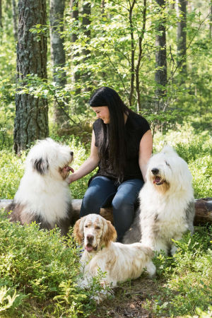 Anna Sydänheimos egna hundar kräver en hel del pälsvård. Hundtränare Anna Sydänheimo i en skogsglänta med sina tre hundar.