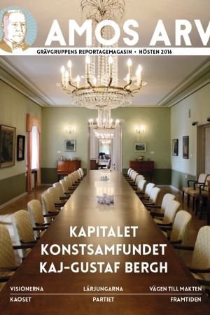 Omslaget till Grävgruppens magasin Amos arv. Omslag till reportagemagasin om Amos arv, med bild av mötesbord under kristallkronor.