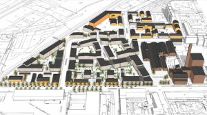Planritning över området. De gula byggnaderna ska av historiska skäl inte rivas, medan de beiga husen är alla hus som ska byggas på området. skiss över området Slottsfältet som ser ut som en stor triangel
