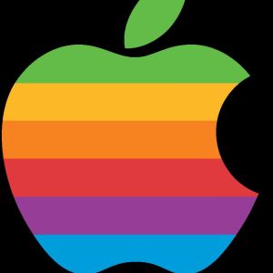 Rob Janoffin Apple yhtiölle 1977 suunnittelema sateenkaaren värinen omena-logo