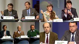 Hela 17 partier ställde upp i valet 1991. Här några av småpartiernas ledare i tv-debatt. valdebatt, 1991,