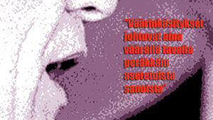 Detalji puoluejohtaja Wladyslaw Gomulkan kasvoistra, kuvaan upotettuna sitaatti ohjelmasta Jokamiehen puhekoulu,