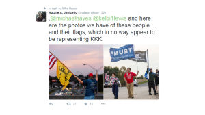 Skärmdump av tweet som motbevisar nyheten om KKK-anhängare som hejar på Trump.
