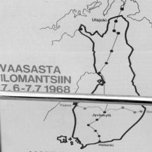 Karttakuva Arvo Saarisen protestimarssista Vaasasta Ilomantsiin 1968.