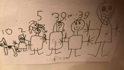 En teckning som föreställer människor som ett barn har ritat på papper med tusch.