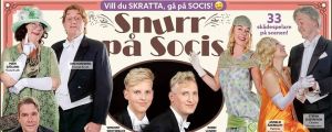 Farsreklam från Teater Alandica i Mariehamn Innehållsrik reklamaffish för "Snurr på Socis"