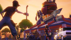 Epic Games har inlett en PR-kampanj mot Apple och förlitar sig på ett Robin Hood-försvar. En spelkaraktär i förgrunden stirrar på en förfallen burgarrestaurang i spelet Fortnite.