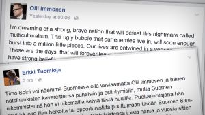 Kuvakaappaus Olli Immosen ja Erkki Tuomiojan kirjoituksista Facebookissa. // Kuva: Yle Uutisgrafiikka