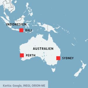 Resan gick från Sydney via Perth till Bali. Karta över Australien och Indonesien, där Sydney, Perth och Bali är utskrivna.