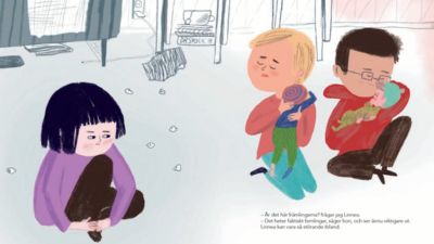 Uppslag ur Malin Klingenbergs och Maria Sanns bilderbok "Främlingarna".
