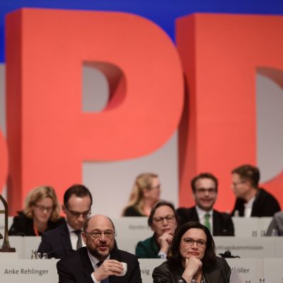 Saksan SPD:n puheenjohtaja Martin Schulz ja varapuheenjohtaja Andrea Nahles.