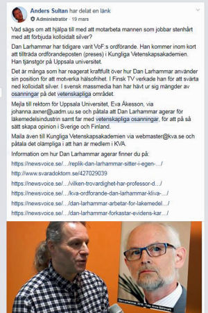 Bildkapning från Facebookgruppen Kolloidalt Silver 3.0. Samma upprop publicerades också i den andra stora Facebookgruppen Kolloidalt silver 2.0. På fotot Michael Zazzio till vänster och Dan Larhammar till höger. Bildkapning från Facebookgruppen Kolloidalt silver 3.0.
