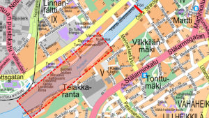 Färjan ska trafikera någonstans inom det röda fältet. En karta över SmartFöris rutt i Åbo