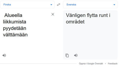 Googles översättning från finska till svenska av ett nödmeddelande.