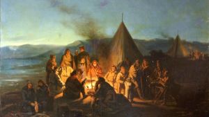 Laestadius tarinoi ranskalaisten ja saamelaisten kanssa leiritulilla 1838. Kuningas Louis Philippen järjestämä tieteellinen tutkimusretkikunta Lappiin, jonka oppaana Laestadius toimi. Maalaus: François-Auguste Biard. Laestadius tarinoi ranskalaisten ja saamelaisten kanssa kotatulilla 1838. Kuningas Louis Philippen järjestämä tieteellinen tutkimusretkikunta Lappiin, jonka oppaana Laestadius toimi. Maalas François Auguste Biard.