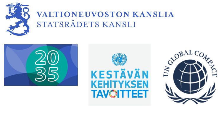Valtioneuvoston kanslian logo, 2035 logo, Kestävän kehtiyksen tavoitteet logo sekä UN Global Compact logo.