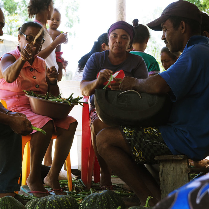Os aldeões de Santa Cruz de Cabrália se reuniram para limpar os grãos juntos. Agricultores na Bahia, Brasil