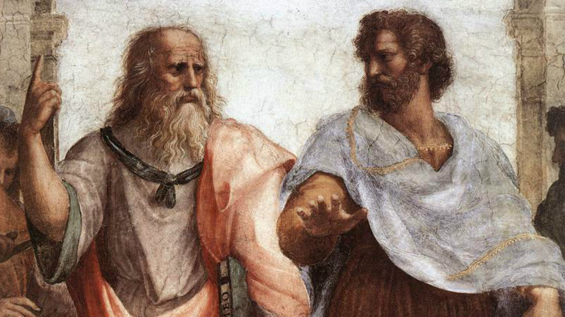 Målning av filosoferna Platon och Aristoteles målad av Rafael