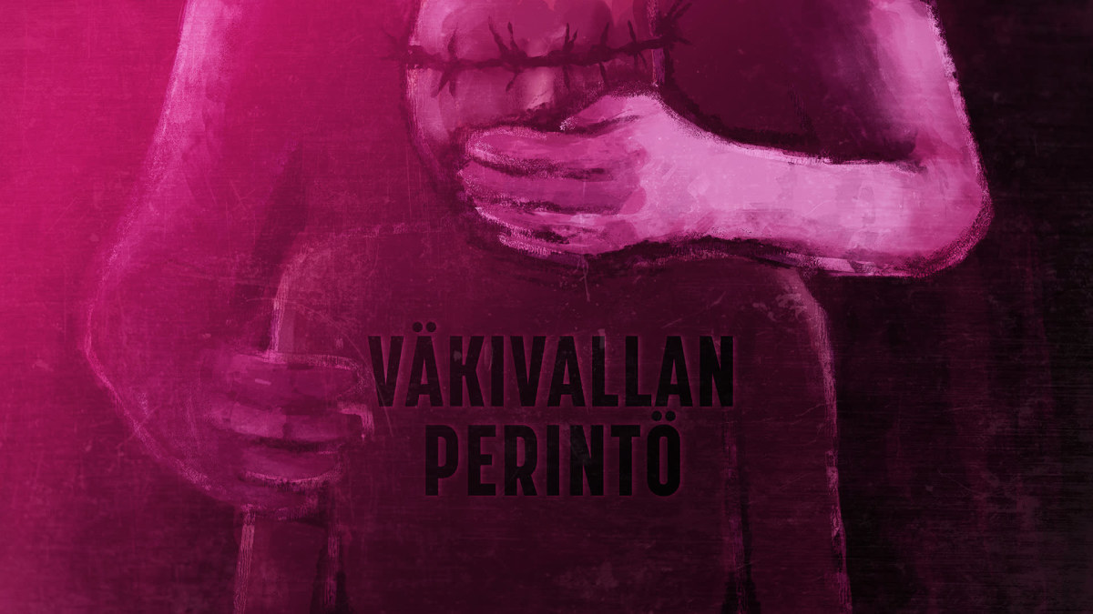Kuvassa piirretty aikuinen ja lapsi. Aikuisen kädet pitävät lapsesta kiinni, toinen käsi sulkee lapsen suun. Lapsen silmillä on orjantappurakruunu.