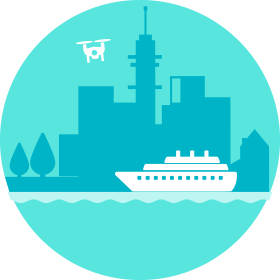 A drawn symbolic image. A turquoise cityskyline in the background, a whit ship in the foreground.