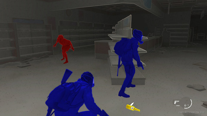 Kuva The Last of Us Part 2 -pelistä, jossa hahmojen värit on säädetty sinisiksi ja punaisiksi.