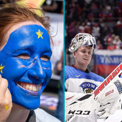 En person som får ansiktsmålning och ishockeyspelare.