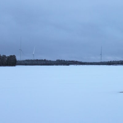 Havainnekuvassa suunniteltua tuulipuistoa Parkanon Iso Madesjärven länsirannalta katsottuna.