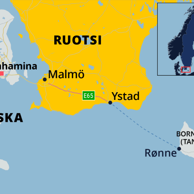 Kartalla Ystad Etelä-Ruotsissa ja Tanskalle kuuluva Bornholmin saari Itämeressä.