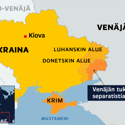 Kartalla Luhanskin ja Donetskin alueet sekä Venäjän tukemat separatistialueet Itä-Ukrainassa.