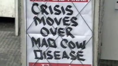 En planch var det står "CRISIS MOVES OVER MAD COW DISEASE"