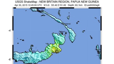 Karta över jordbävningsdrabbat område i Papua Nya Guinea