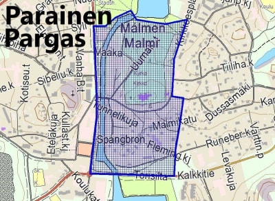 Fyrverkeribegränsningar i Pargas inför nyårsfirande 2022. På bilden en karta där ett färgat område markerar det förbjudna området. Det är förbjudet att skjuta fyrverkerier i Gamla Malmen i Pargas