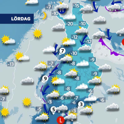 Väderkarta för lördag eftermiddag 2.12.2023 som utlovar minus 6-7 grader i söder, minus 8-10 i mellersta Finland och minus 10-20 i Lappland.
