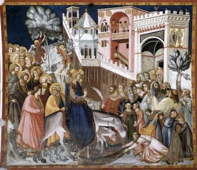 Jeesus ratsastaa aasilla palmusunnuntaina Jerusalemiin. Maalaus (fresko).