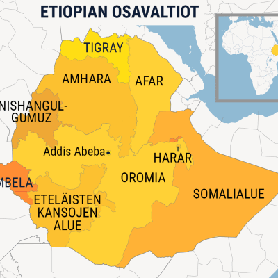 Kartta Etiopian osavaltioista.