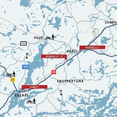 Karta över Raseborg, inritat finns olika symboler som visar hurdana arbeten som planeras var. Bland annat cykel för cykelväg, spade för vägarbete, rondell osv.