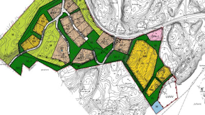 En detaljplanekarta som visar hurdant byggande mm. som planeras i Bergvalla, Ingå, 2023.