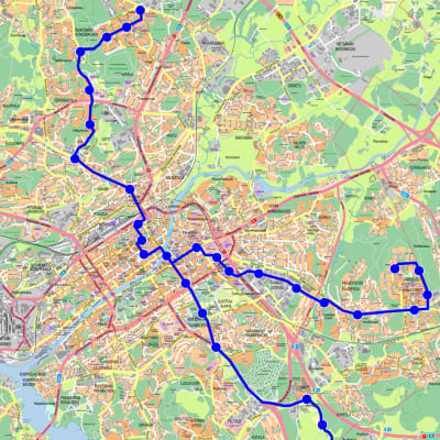 Raitiovaunulinjaukset piirrettynä Turun kaupungin kartalle.