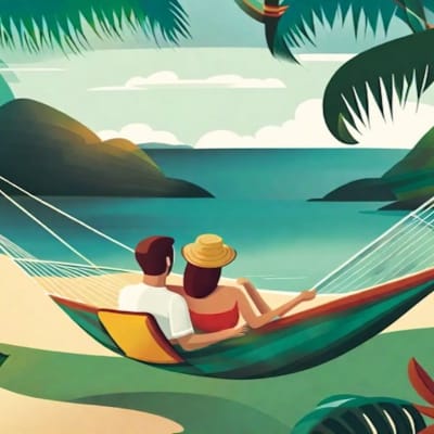 Mies ja nainen riippukeinussa meren rannalla, palmujen alla.