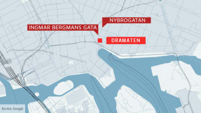 Karta där Ingmar Bergmans gata, Nybrogatan och Dramaten är utmärkta. 